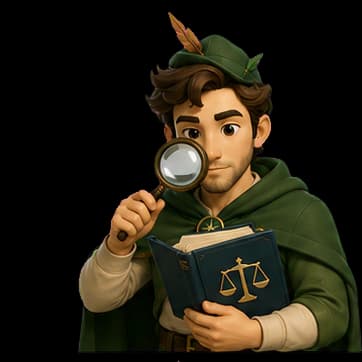 Robin, de assistent van Rechtgezet, met vergrootglas en wetboek